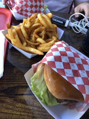 Burger and curly fries  at VOWburger in Los Angeles