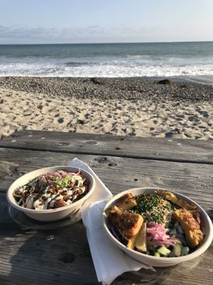 Fiesta bowl (left), Mediterranean bowl (right) at Vibe Organic Kitchen & Juice in Dana Point