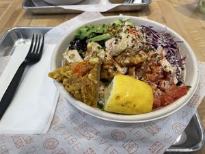 Mediterranean bowl  at Vibe Organic Kitchen & Juice in Dana Point
