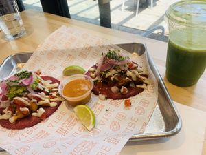 Roasted butternut squash tacos on homemade tortilla at Vibe Organic Kitchen & Juice in Dana Point