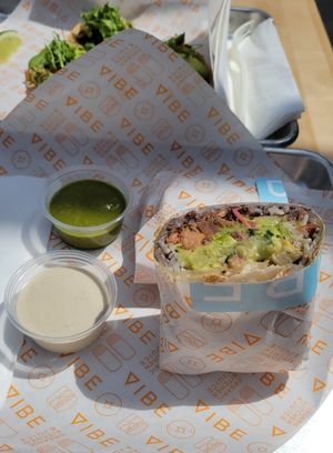 Half of the jackfruit burrito (also tasty) at Vibe Organic Kitchen & Juice in Dana Point