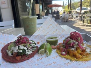 broccoli taco (left), butternut squash taco (right)  at Vibe Organic Kitchen & Juice in Dana Point