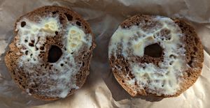 toasted pumpernickel bagel with Earth Balance at Henry Higgins Boiled Bagels - Foster Rd in Portland
