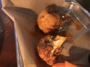 Vegan cauliflower wings. Great flavor but the 1/2 pound order only has 4 pieces.  at Pedal Haus Brewery in Tempe