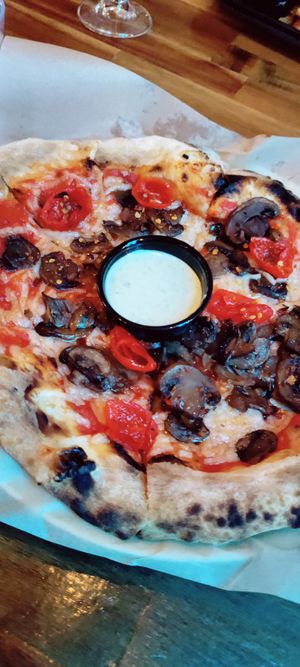 Vegan spicy mushroom pizza with vegan ranch at Pedal Haus Brewery in Tempe