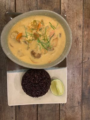 Tom Yum soup & black rice  at Sacred Lotus Cafe in Phnom Penh