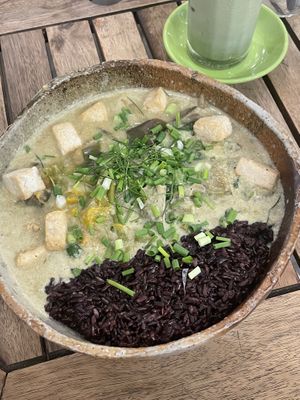Green curry with extra tofu  at Sacred Lotus Cafe in Phnom Penh