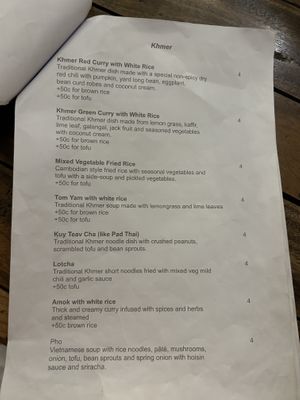 Menu  at Sacred Lotus Cafe in Phnom Penh