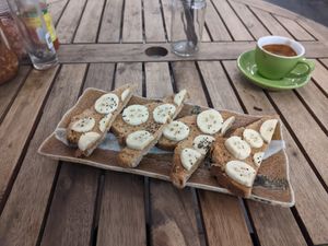 Banana peanut butter toast feat. an espresso at Sacred Lotus Cafe in Phnom Penh
