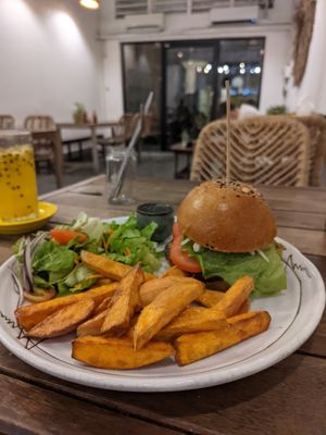 Mexican chickpea burger at Sacred Lotus Cafe in Phnom Penh