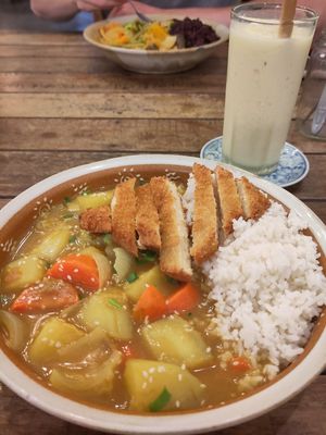 Tofu katsu curry and pineapple and coconut smoothie at Sacred Lotus Cafe in Phnom Penh