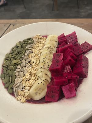 Dragon fruit smoothie bowl   at Sacred Lotus Cafe in Phnom Penh