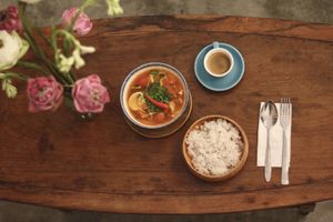Plant-Based Tom Yum soup  at Sacred Lotus Cafe in Phnom Penh