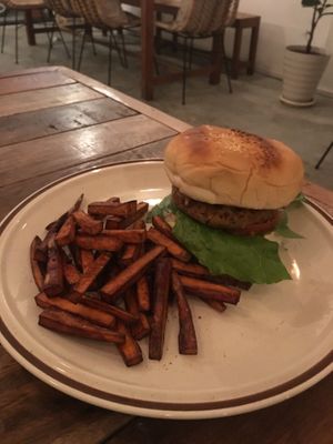 Lentil burger at Sacred Lotus Cafe in Phnom Penh
