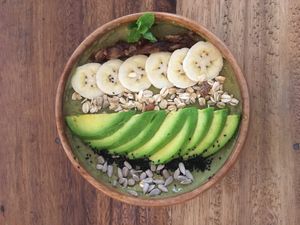 Avocado smoothie bowl at Sacred Lotus Cafe in Phnom Penh