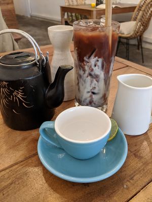 Black tea with a side of Soya Milk and the iced chocolate at Sacred Lotus Cafe in Phnom Penh