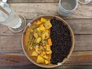 Khmer red curry with tofu and black rice at Sacred Lotus Cafe in Phnom Penh