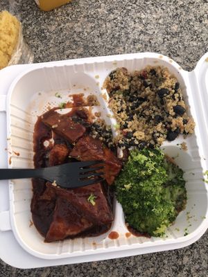 Vegan ribs with quinoa salad and broccoli at NuVegan in Washington