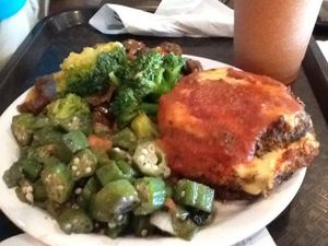 Okra, eggplant Parmesan, beef & broccoli at NuVegan in Washington