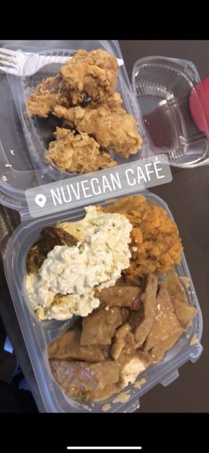 Vegan fried chick, BBQ tofu & rice, Mac n cheese & Yams  at NuVegan in Washington