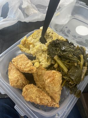 Fried chicken, macaroni, and collard greens! Magnificent !  at NuVegan in Washington