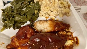 Jerk drummies, collard greens, mac n cheese  at NuVegan in Washington