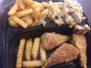 Meal: macaroni, chicken, fries, shake at NuVegan in Washington