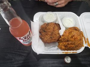 Delicious crab cakes, sweet potato casserole with watermelon kombucca at NuVegan in Washington