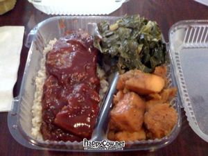 Vegan ribs, collard greens, sweet potatoes at NuVegan in Washington