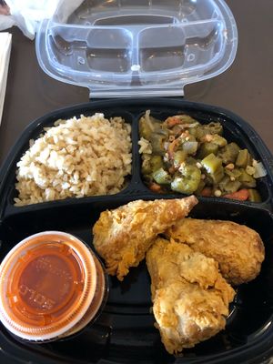 Chicken drummies w/ buffalo sauce, okra, rice  at NuVegan in Washington