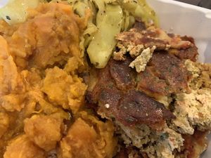 Lasagna + sweet potatoes + cabbage! at NuVegan in Washington