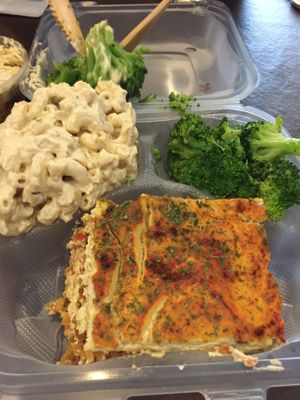 Lasagna, macaroni salad, broccoli  at NuVegan in Washington