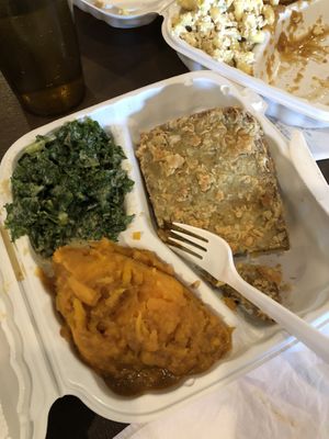 Chicken fried steak with garlicky kale and sweet potatoes  at NuVegan in Washington
