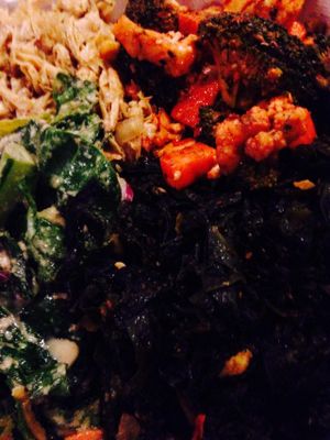 Cold sampler with curries yuba, seaweed, ginger collards and floret salad at NuVegan in Washington