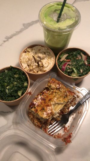 Lasagna + Ginger Kale, Mac & Cheese, Red Wine Kale, and juice! yum at NuVegan in Washington