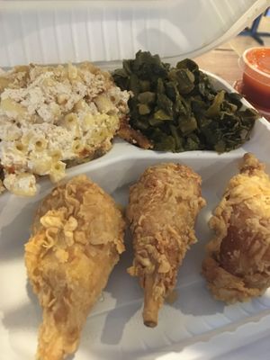 Fried chicken, mac and cheese, collard greens at NuVegan in Washington