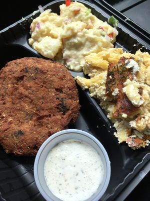 Southern potato salad, mac and cheese, crab cake - delicious! at NuVegan in Washington