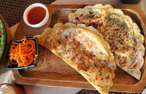 Giant dumpling (potatoe and pumpkin are vegan) at Terrassa in Khiva