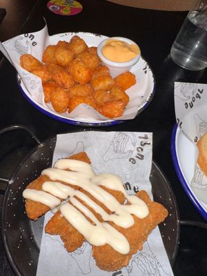 Tater tots and vegan chicken tenders. at 7 Bone in Bournemouth