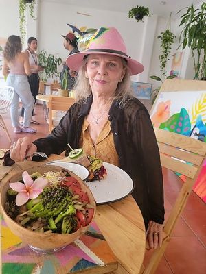 Linda with Halbox Bowl in foreground.  at Tropical Kitchen Cabo in Cabo San Lucas
