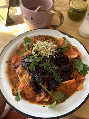 Vegan chilaquiles !  at Tropical Kitchen Cabo in Cabo San Lucas