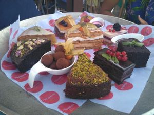 Chocolate cake on the left is vegan 😀 at Xiringuito Escribà in Barcelona