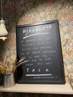 Guests are encouraged to take leftovers with them to reduce food waste.  at Rost Mat & Kaffe in Umea