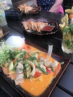 Curry with vegan chicken breast (front) and seitanbroodje dumplings (in the back)  at Nam Y in Berlin
