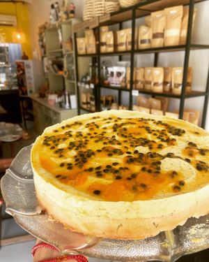 Sugar Free cakes. This one is with maracuja and macadamias   at Eco Tienda Café in Asuncion