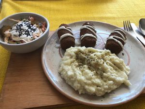 Menu of the day - mash potato, lentil croquettes + salad   at Eco Tienda Café in Asuncion