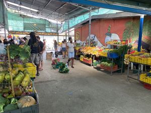 The fruit & vegetable area. In this picture, the organic is to your left and the conventional to your right. at Farmers' Market in Puerto Viejo De Talamanca