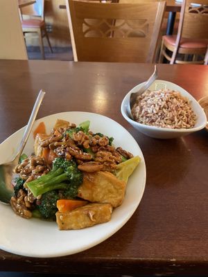 Walnut Broccoli with Tofu and brown ricee  at Mingalaba in Burlingame