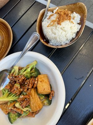 Walnut tofu and coconut ricee  at Mingalaba in Burlingame
