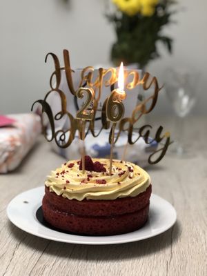 Vegan birthday cake (taste: raspberry and mango)  at Chök in Barcelona